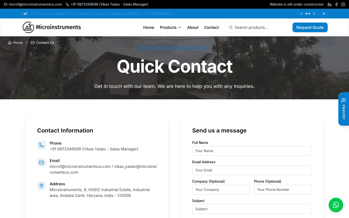 Microinstruments contact page snapshot